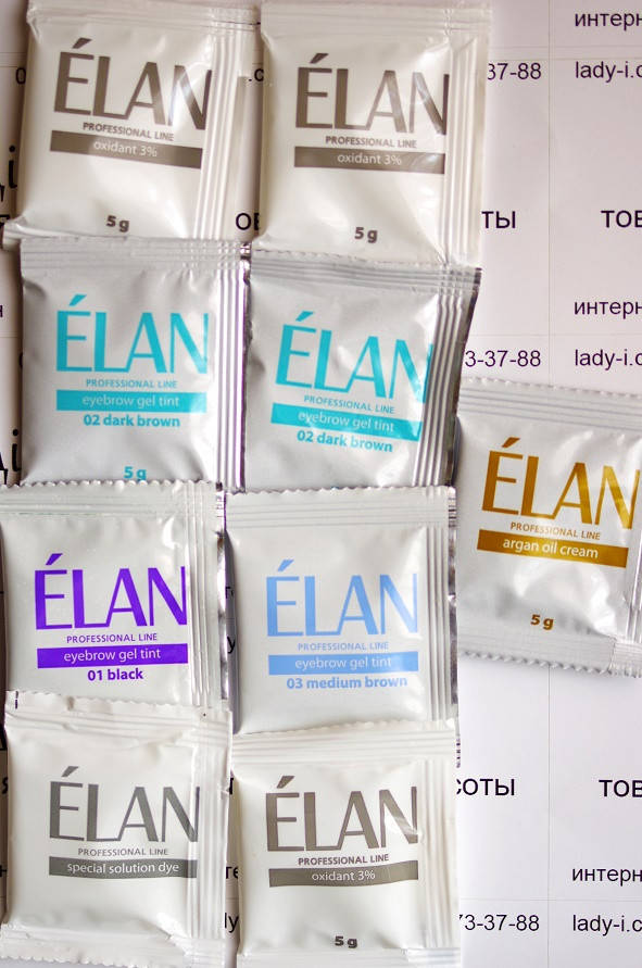 

Краска для бровей Elan 4саше. Тон 01, 02, 02, 03, окислители 4шт