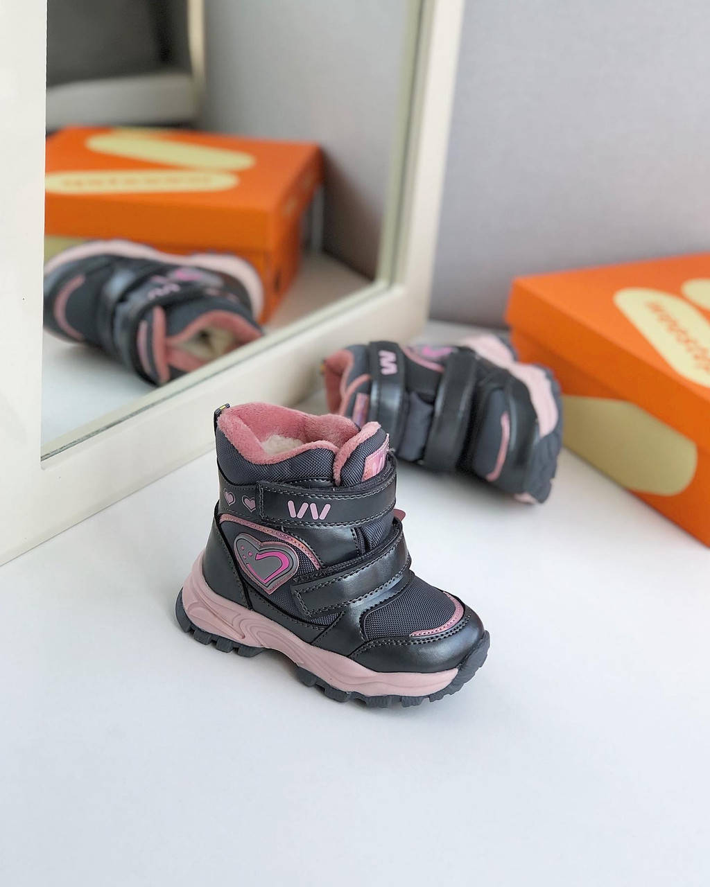 

Детские зимние термо сапоги дутики на девочку графит розовые Weestep