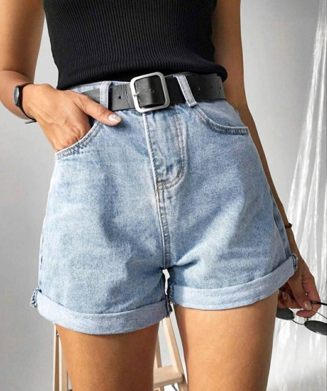 

Женские летние джинсовые шорты с кожаным ремнём размер S,M,L,XL, Голубой