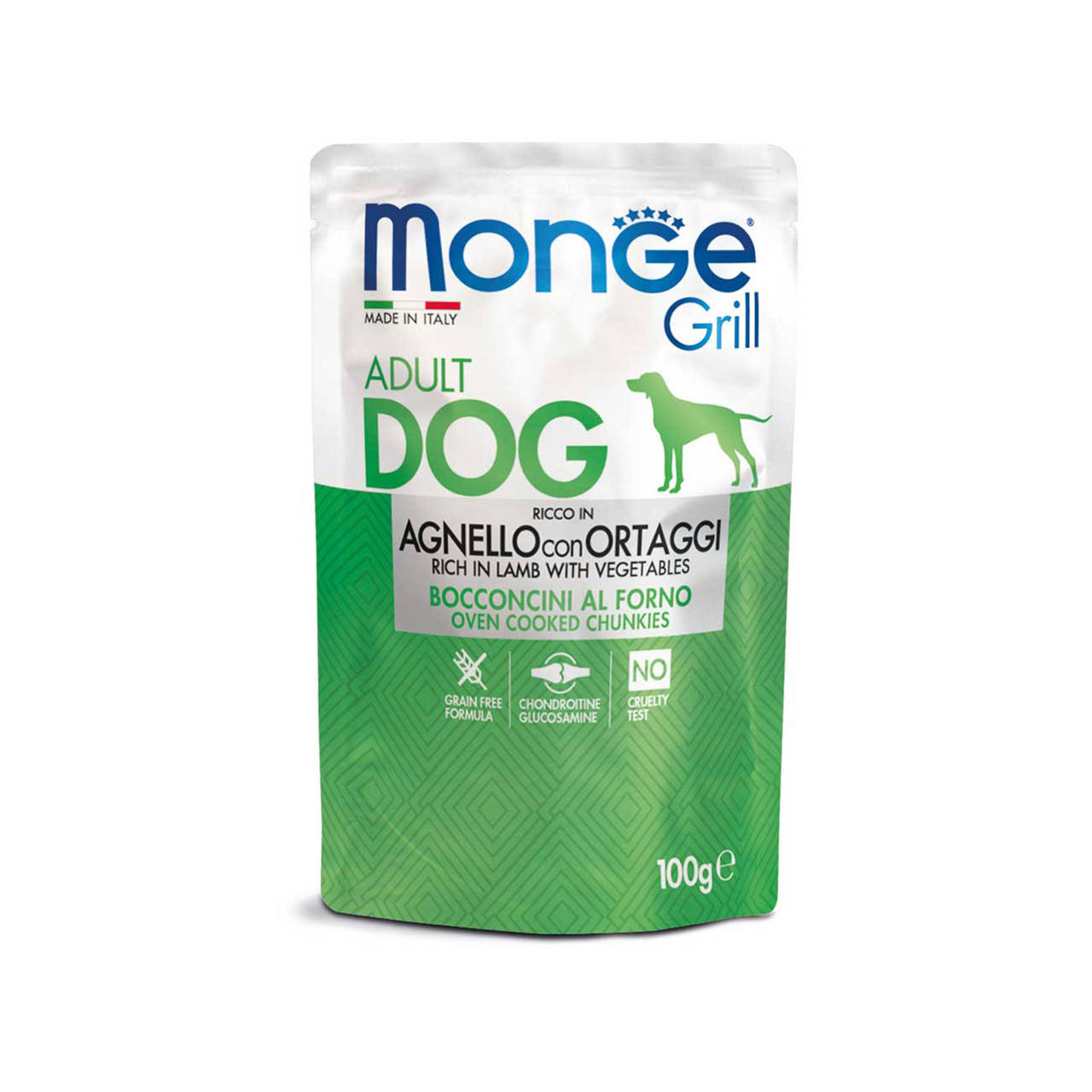 

Monge Dog GRILL Adult Вкусные кусочки в желе из запеченного мяса ягненка и овощей для собак 100 г