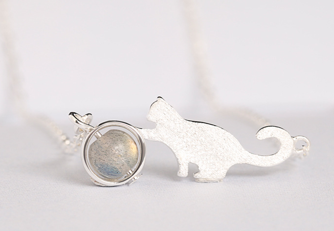 

Подвеска Кот с натуральным лунным камнем, кулон с играющим котиком, серебряное покрытие 925 пробы, длина 40+5