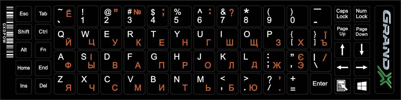 

Наклейка на клавиатуру Grand-X 68 keys Cyrillic orange, Latin white (GXDPOW)