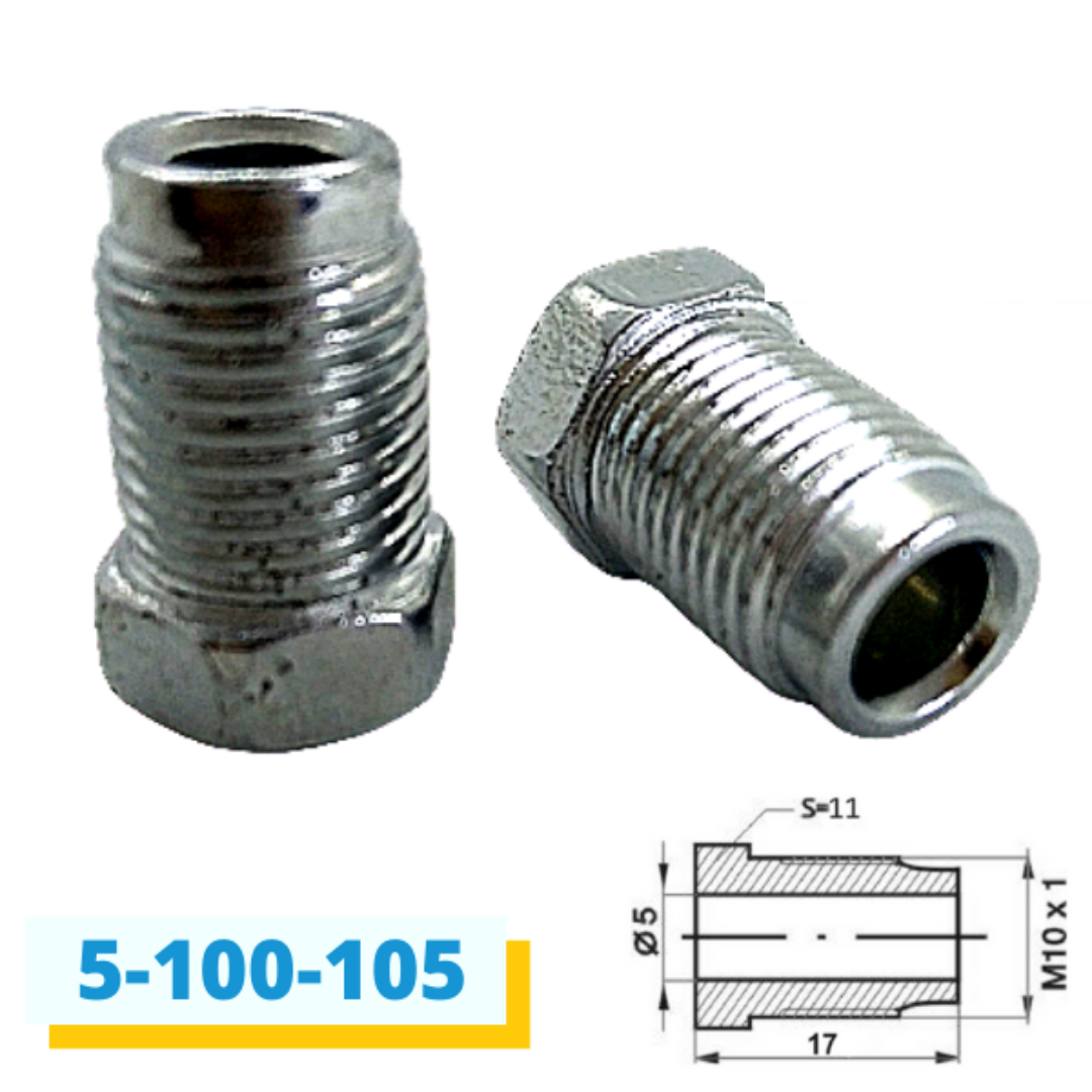

Наконечник тормозной трубки М10х1 мм. D = 5 мм. L = 17 мм.