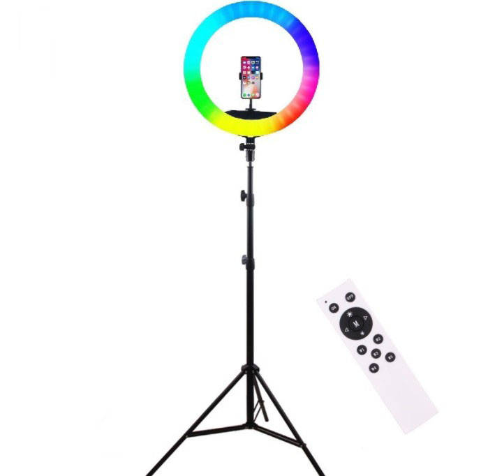 

Кольцевая лампа диметром 45 см. (цветаня) со штативом 2,1 метра и пультом управление, Черный