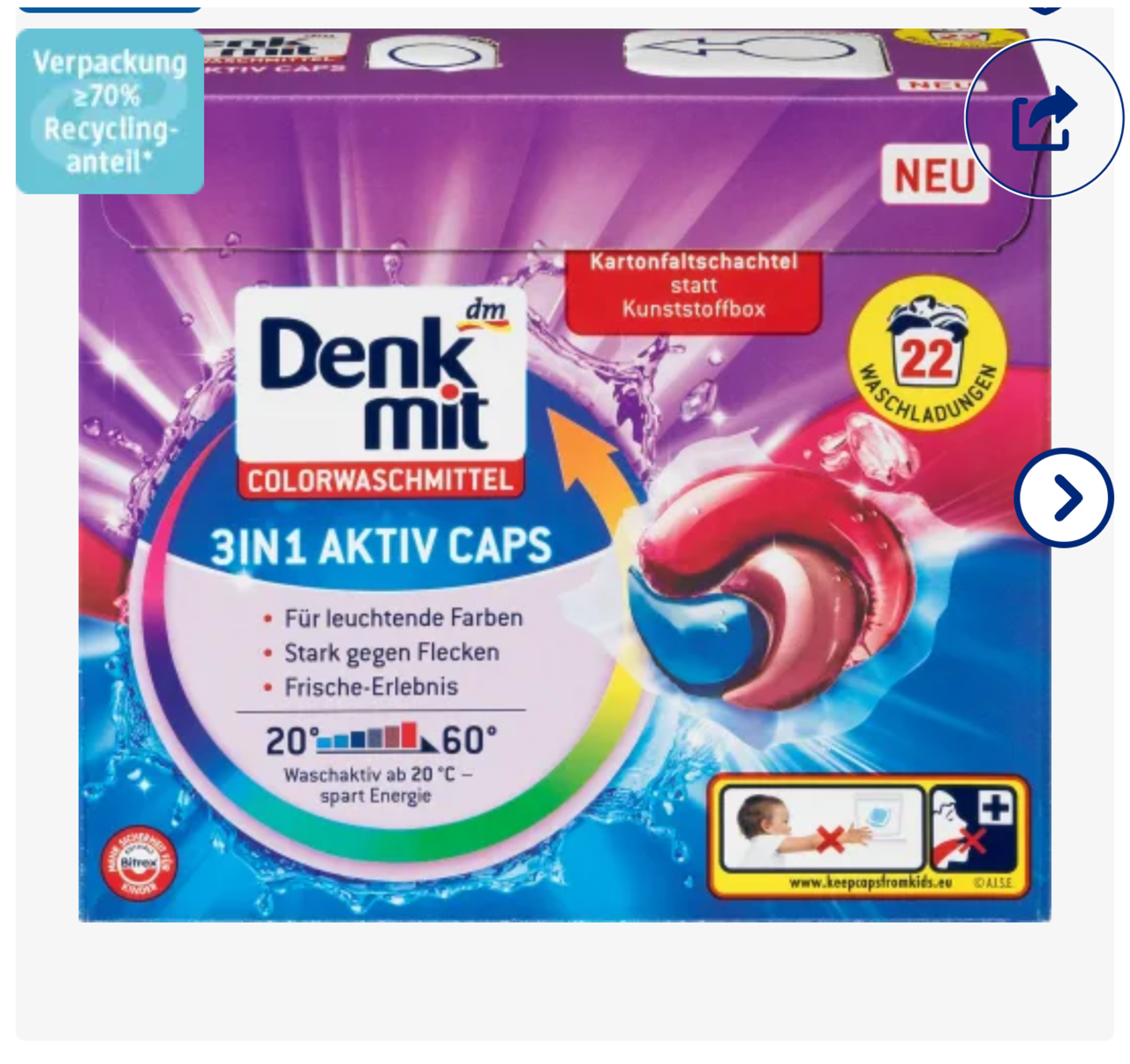 

Капсулы для стирки цветных вещей Denkmit Colorwaschmittel Caps Duo Aktiv, 20 шт