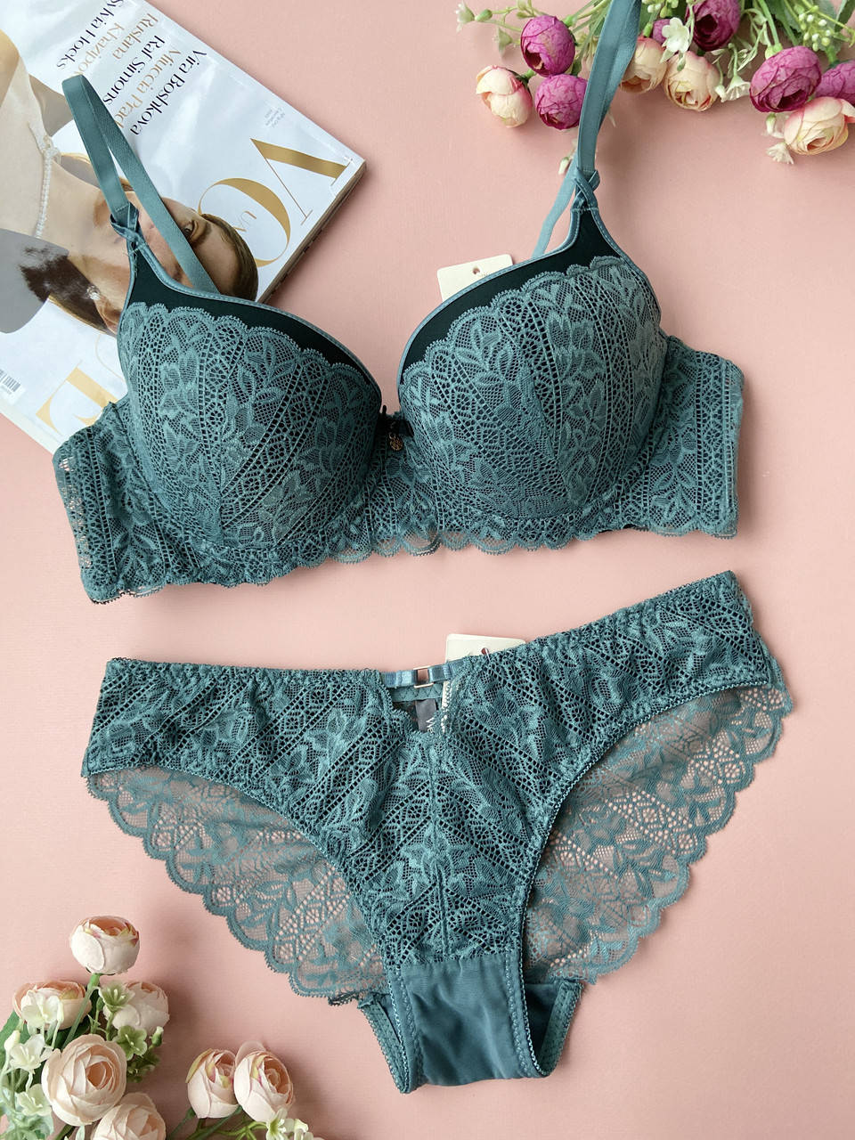 

75В-80В-85B Изумрудное кружевное женское нижнее белье комплект, Зелёный
