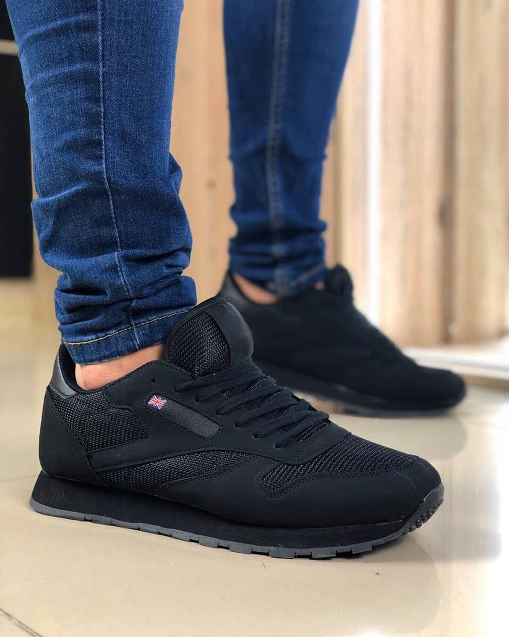 

Кроссовки мужские в стиле Reebok черные текстиль сеточка, Черный