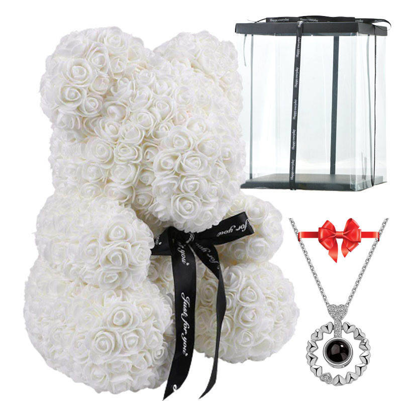 

Мишка из роз Teddy Flower 25 см Белый + Подарочная коробка + ПОДАРОК Женский кулон с цепочкой "I Love You"!