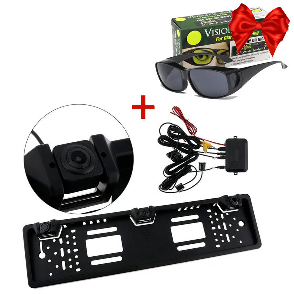 

Рамка для номера с парктроником и камерой заднего вида + Подарок Антибликовые водительские очки HD Vision