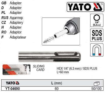 

Держатель насадок бит YATO Польша SDS+ HEX 1/4" L=60 мм YT-04690