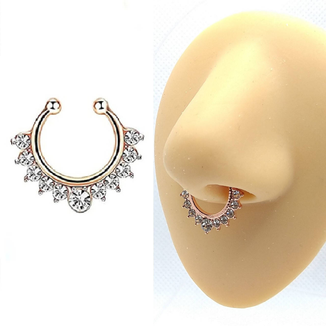 

Серьга клипса пирсинг обманка в нос Кольцо с камушками цвет золотой