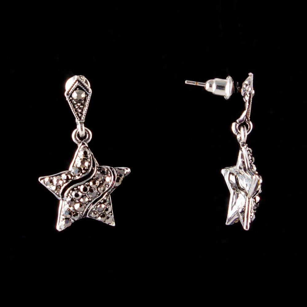 

Серьги-пусеты с подвеской Звезда, темные стразы, металл под серебро, 20мм