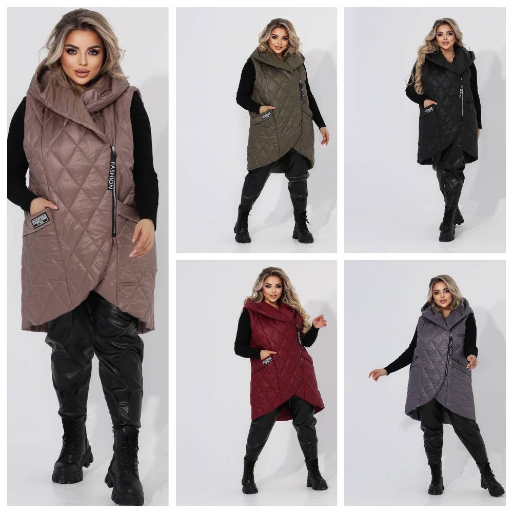 

Жилетка женская из стёганной плащёвки ассиметричная утеплитель 150 синтепон размеры батал, Черный