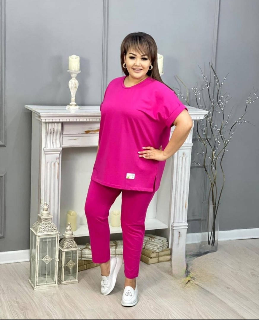 

Женский костюм летний большого размера БАТАЛ футболка и брюки жатка, однотонный 48-62, Разные цвета