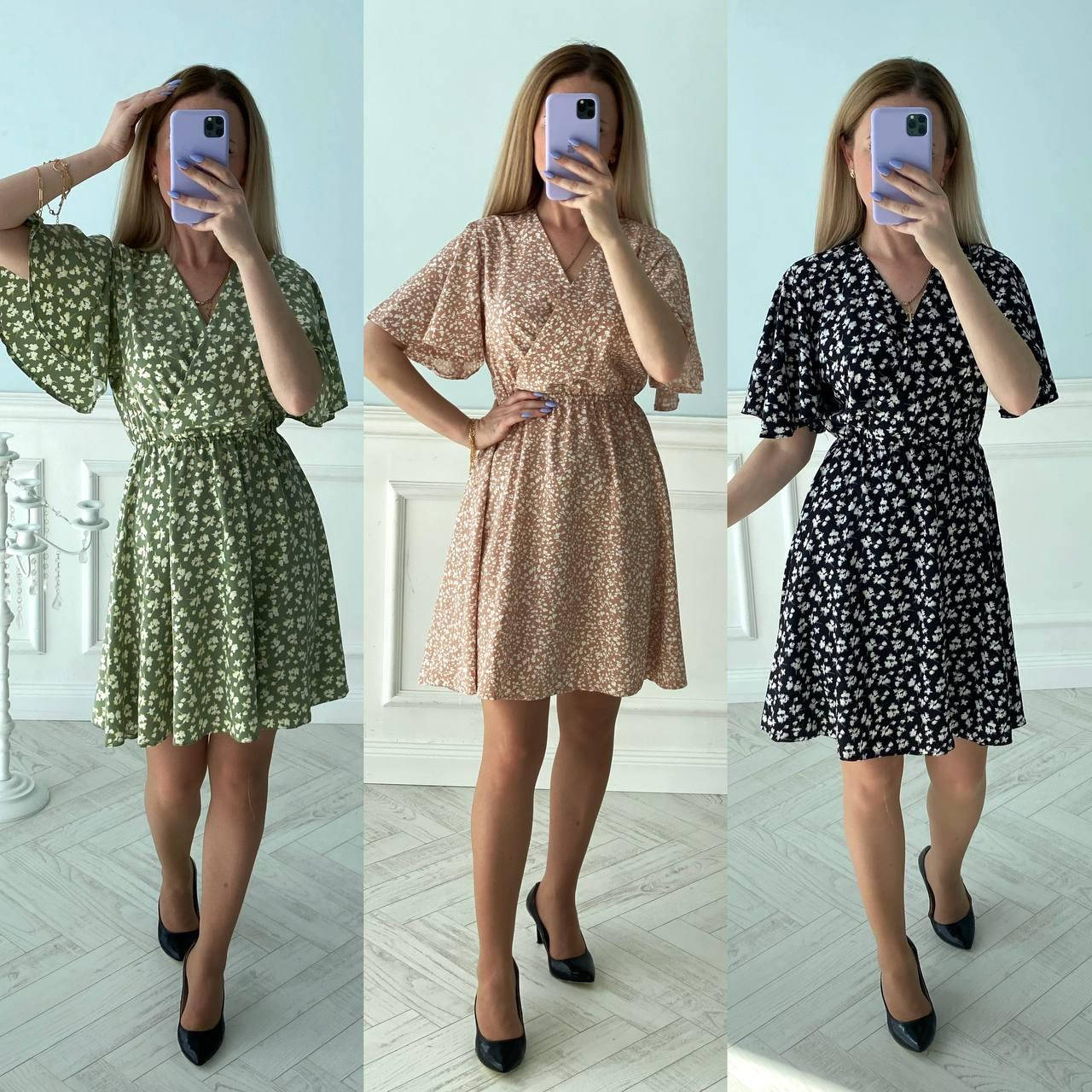 

Платье женское в цветочный принт оливковое, бежевое , чёрное