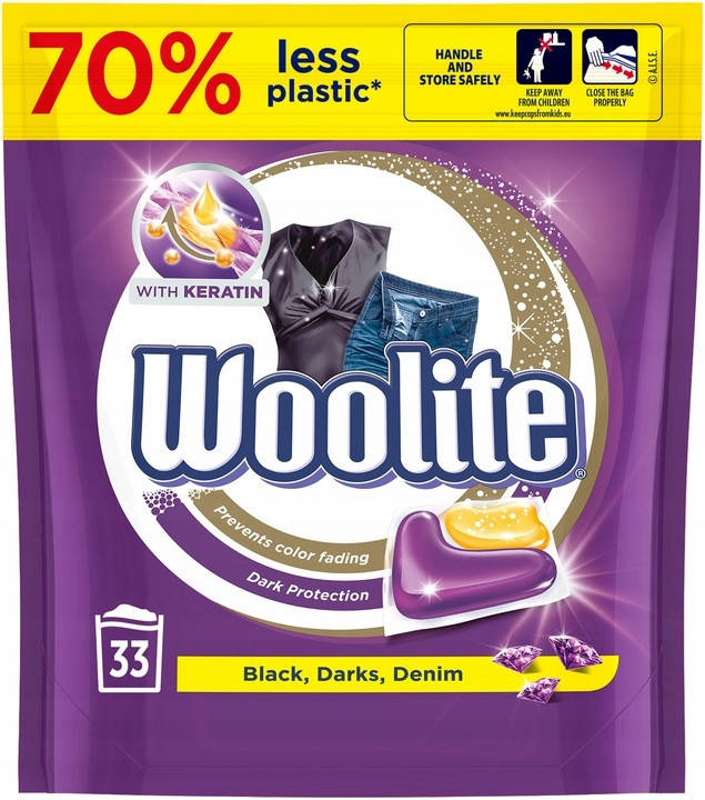 

Woolite Dark Denim Black лучшее средство для стирки денима, темных и черных вещей с керамидами, 33 капсулы