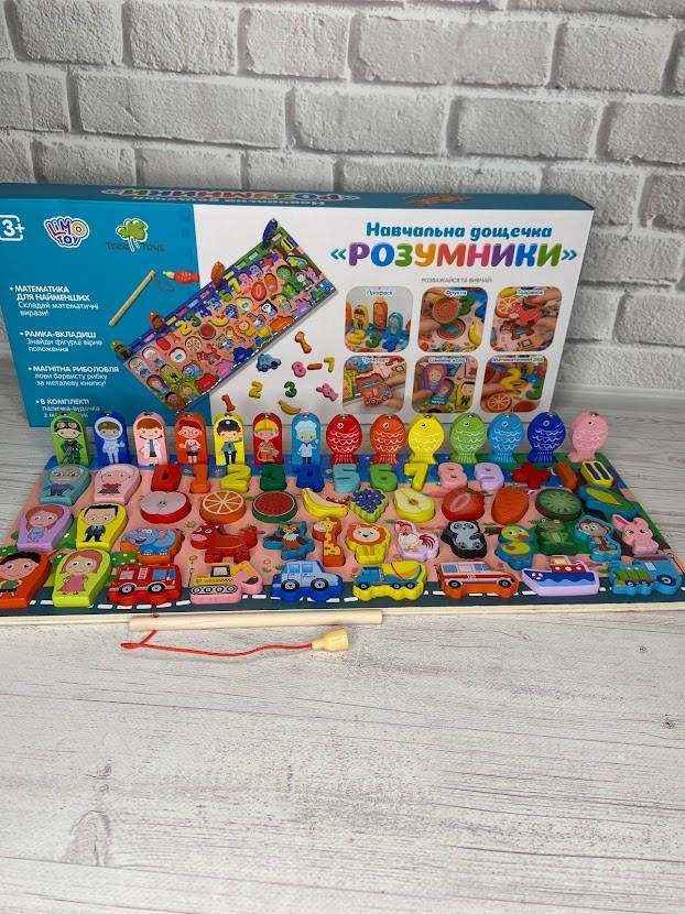

Деревянная игра сортер Монтессори Розумники 3в1 магнитная рыбалка + вкладыши 61 дет ( укр), Разные цвета