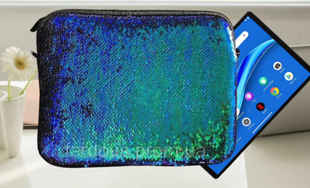 

Чехол для планшета в пайетках, меняющий цвет. Черно - зеленый