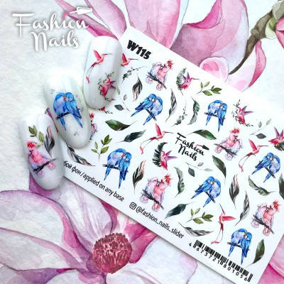 

Слайдер дизайн наклейки на ногти для маникюра водные Fashion Nails w 115 птицы веточки перья, Голубой