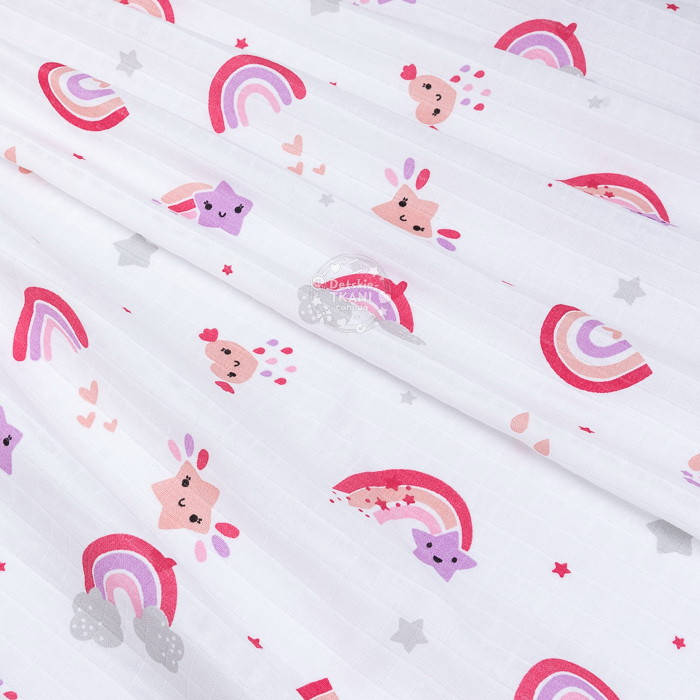 

Муслин в квадратики с красно-сиреневыми радугами и звёздами на белом, ширина 180 см, Разные цвета