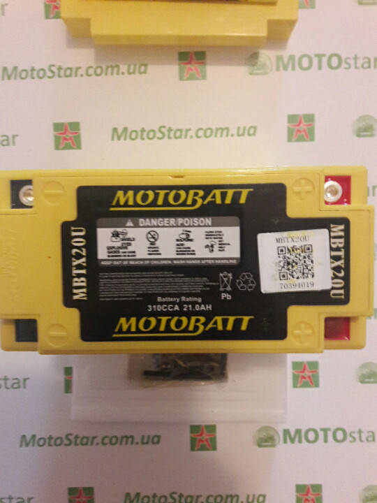 

Motobatt MBTX20U Мото акумулятор 21 A/ч, 310 A, (+/-)(-/+), 175x87x155 мм