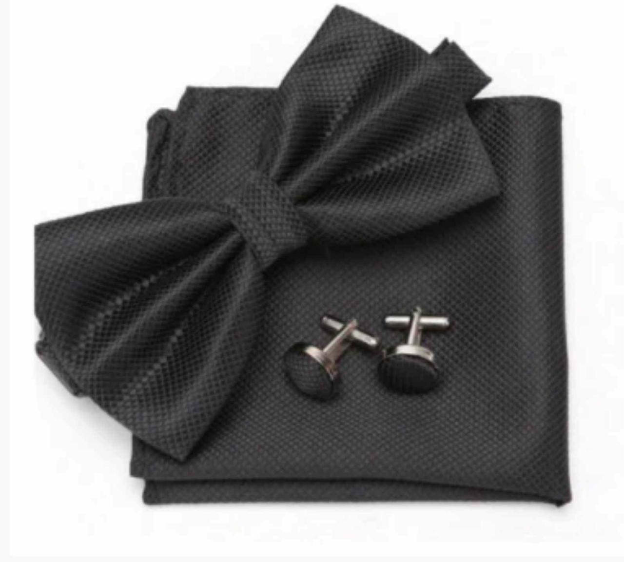 

Бабочка мужская черная, платок карманный и запонки набор, Черный