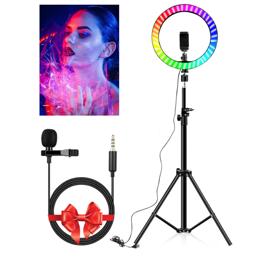 

Кольцевая лампа RGB 30 см с держателем под телефон + Подарок штатив 2м + Петличный Микрофон DM M-01 AUX 3.5MM