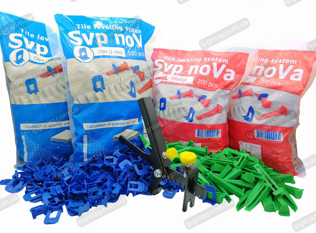 

СВП Нова 1 мм Комплект 1000 основ+400 клина+инструмент/Система выравнивания плитки Nova