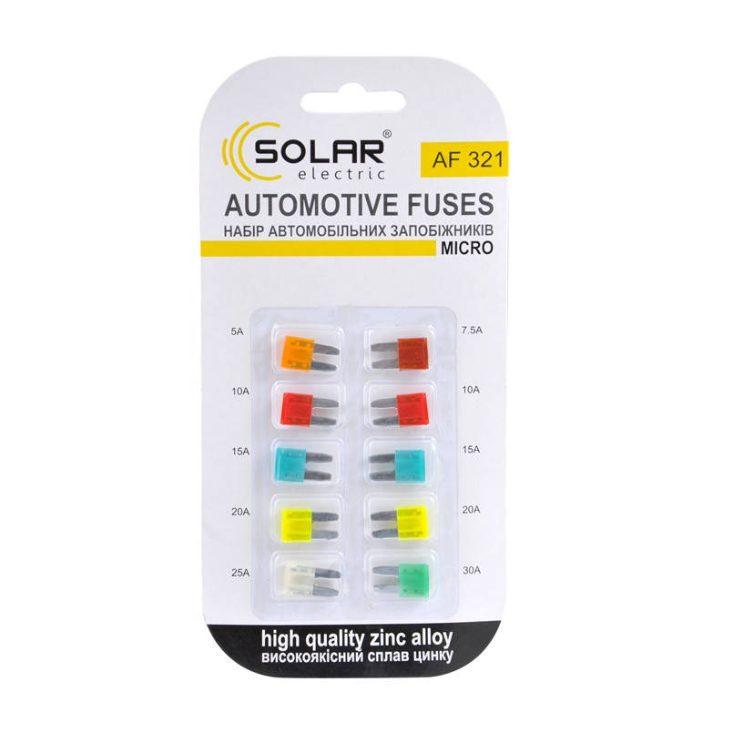 

Набор предохранителей MICRO сплав цинка (5A, 75A, 10A, 15A, 20A, 25A, 30A) 10шт Solar (AF321)