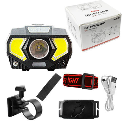 

Налобный фонарь W-7707 c датчиком движения XPG+2*COB красный свет вело крепление, Черный