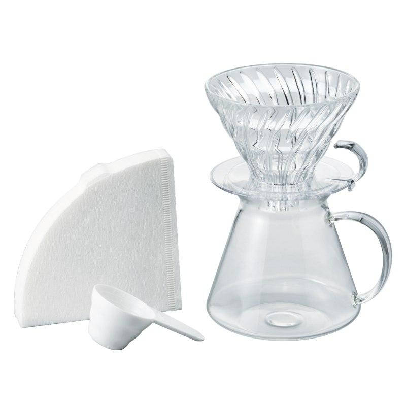

Набор для приготовления кофе: Hario V60: стеклянный пуровер, мерная ложка, 40 фильтров