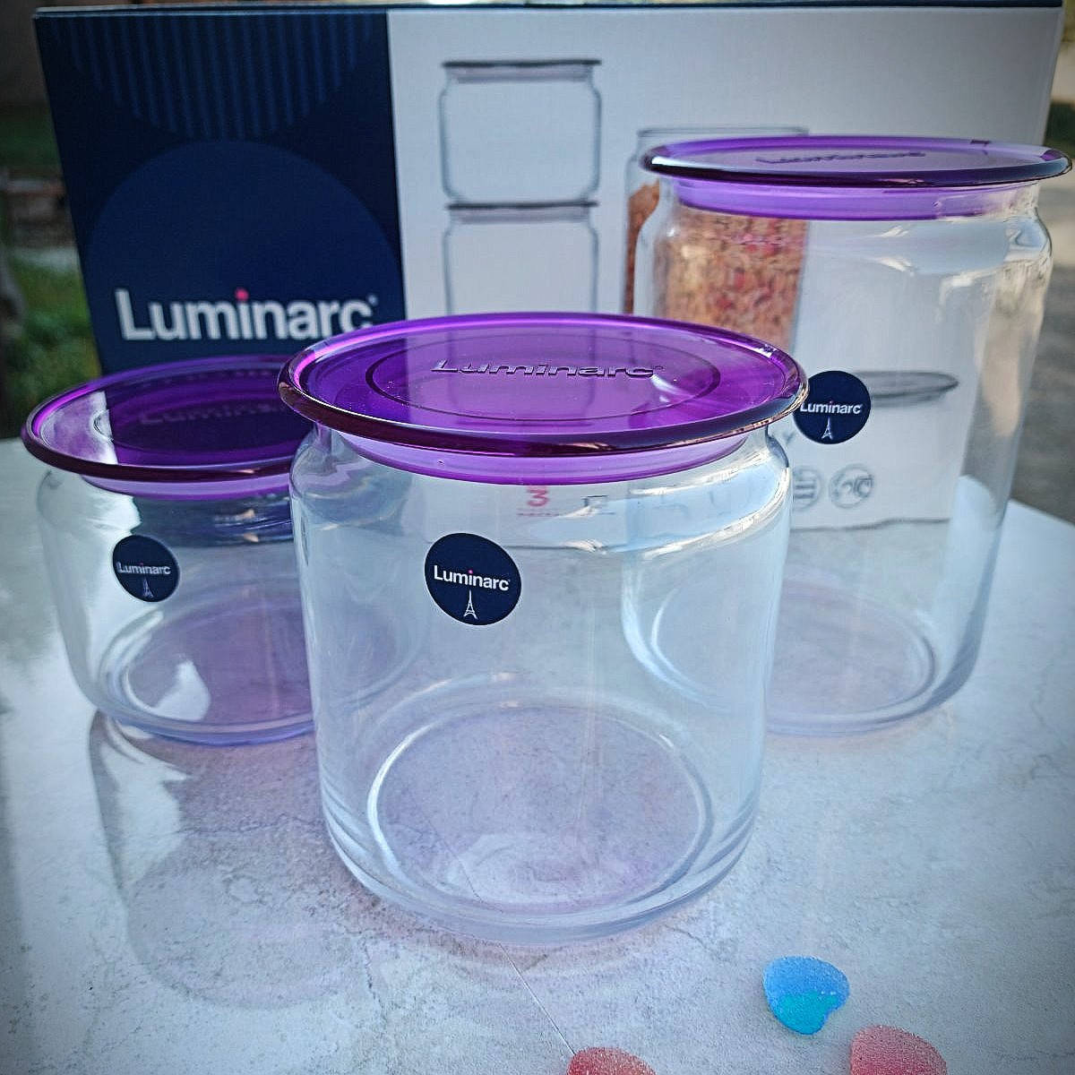 

Набор банок для сыпучих Luminarc Plano 3 шт с фиолетовыми крышками (N3453), Прозрачный