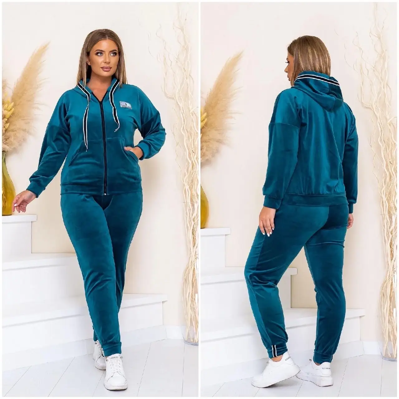 

Спортивный женский велюровый костюм штаны и кофта с капюшоном изумруд 48-50 52-54-56-58