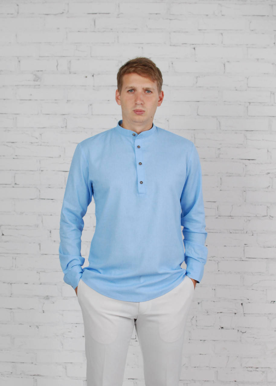 

Рубашка льняная с длинным рукавом голубого цвета, Голубой