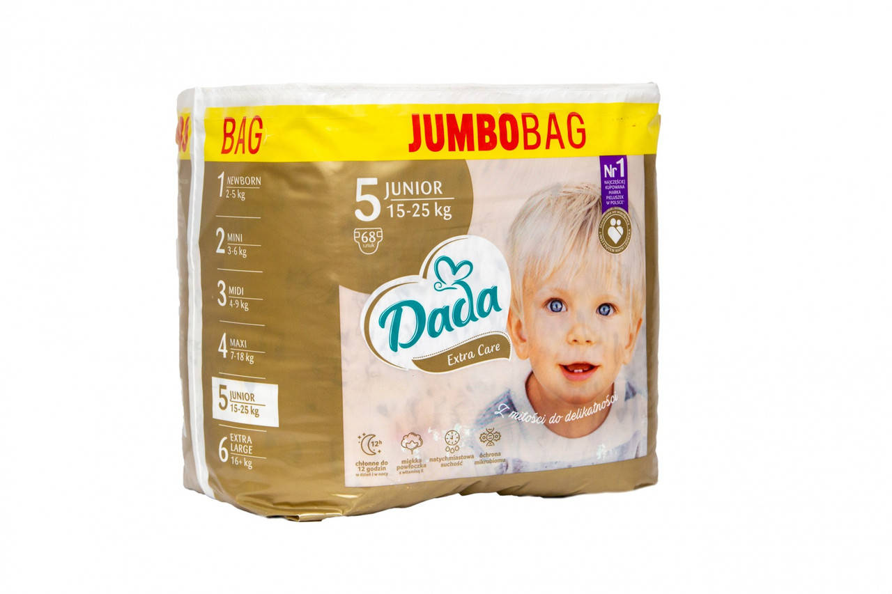 

Підгузки Dada Extra Care Jumbo Bag Розмір 5 Junior, 15-25 кг, 68 шт