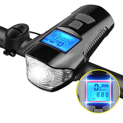 

Фара передняя + проводной велокомпьютер + сигнал XA-585-T6+2LED, аккум., ЗУ micro USB