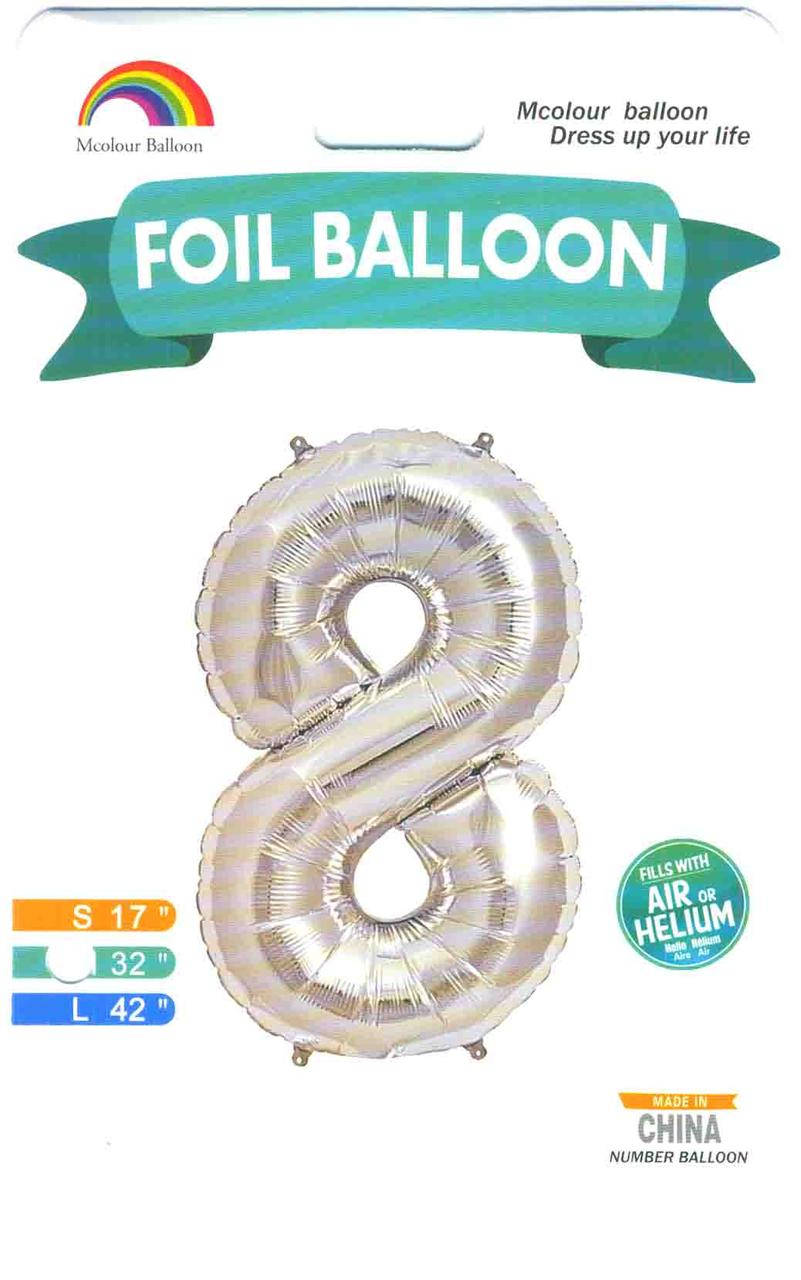 

Куля цифра в упаковці "8". Колір:Срібло. Розмір: 32 "(80см). Матеріал: Фольга.
