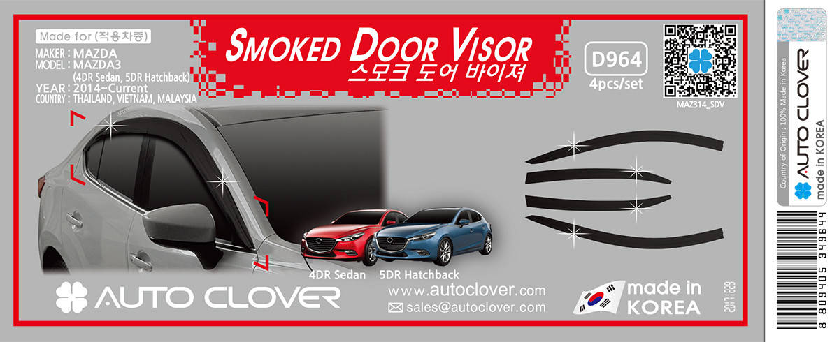 

Дефлекторы окон, ветровики Mazda 3 2014-2018 (Autoclover D964)