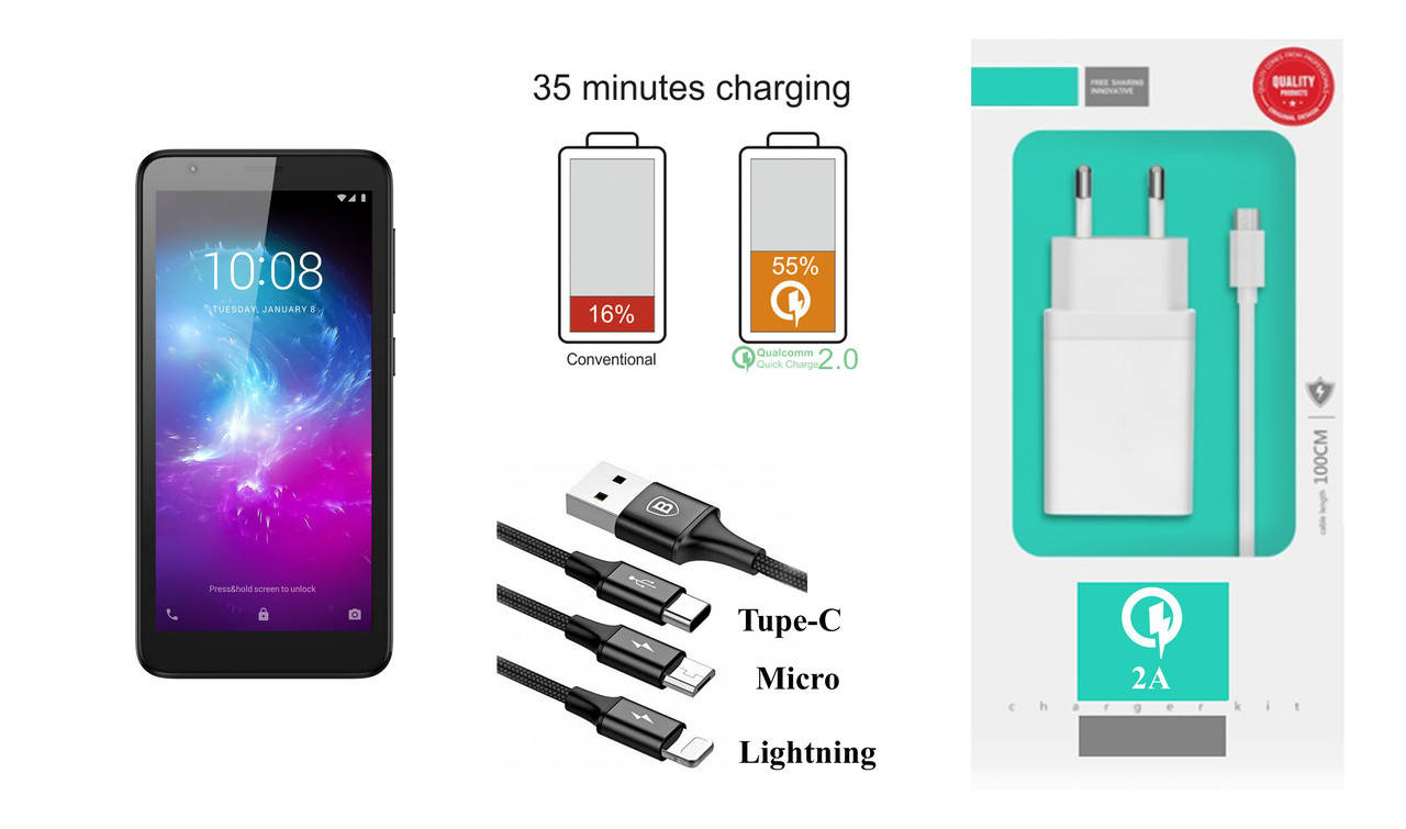 

Сетевое зарядное устройство ZTE Blade L8, Fast Charger 2.1A, Белый
