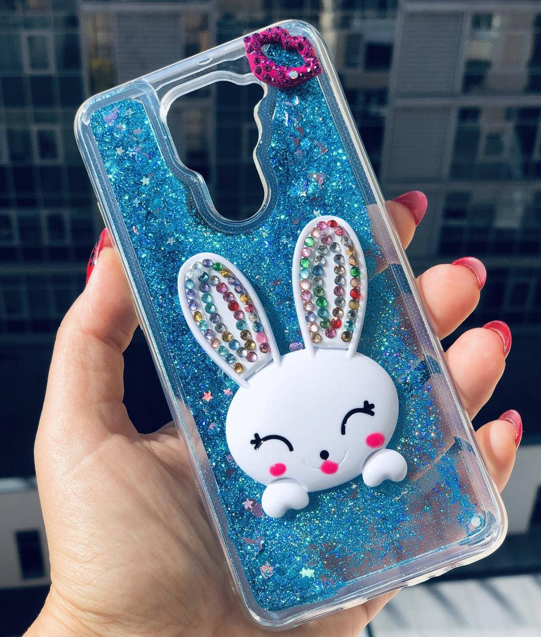 

Чехол Glitter для Xiaomi Redmi Note 9 бампер жидкий блеск Заяц подставка Синий