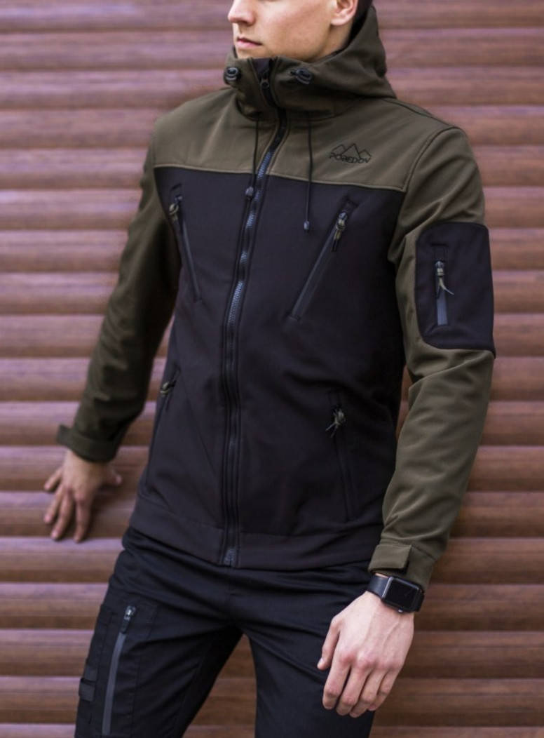 

Куртка мужская спортивная SoftShell с капюшоном стильная молодежная демисезонная осень весна хаки-черная Бегс