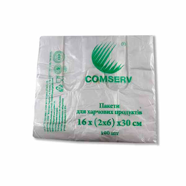 

Пакет п/э майка 16х30(100шт)6мкм Comserv №0