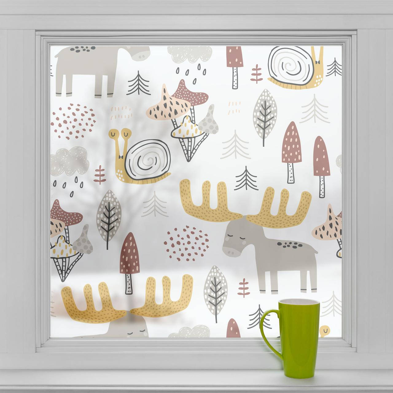 

Защитная пленка на окна от солнца Лось и Грибы пленка на шкаф купе пескоструй самоклейка улитка лес 1 пог.м, Серый