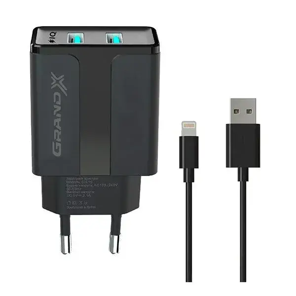 

Сетевое зарядное устройство для телефона Grand-X CH15LTB Black (Apple Lightning 2xUSB 2.1A ), Черный