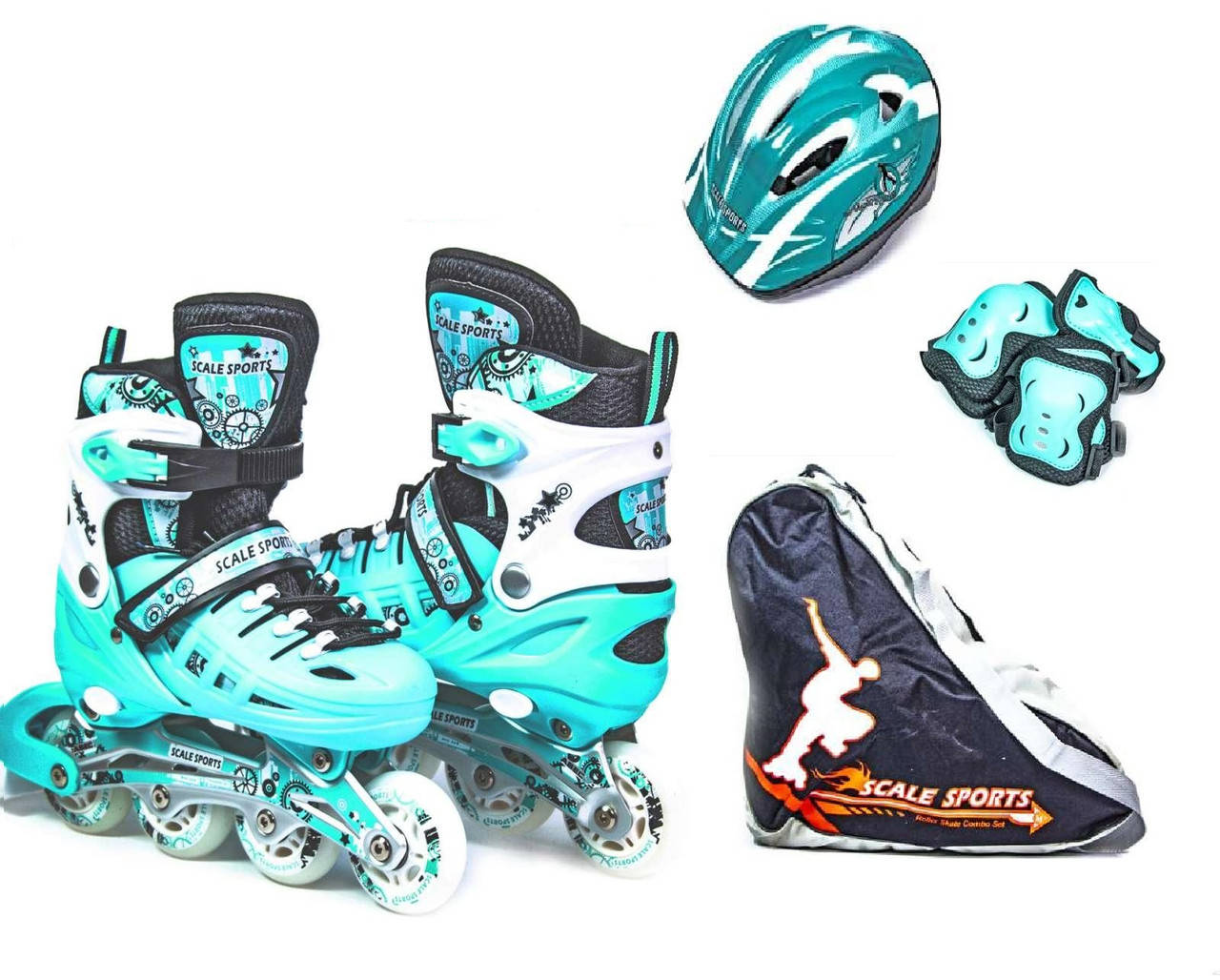 

+ ПОДАРОК Комплект детских роликов Мятного цвета с защитой и шлемом Scale Sport. Размеры 29-33, 34-38, Бирюзовый