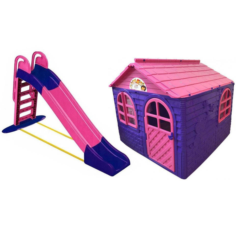 

Детский игровой пластиковый домик со шторками + большая пластиковая горка Doloni