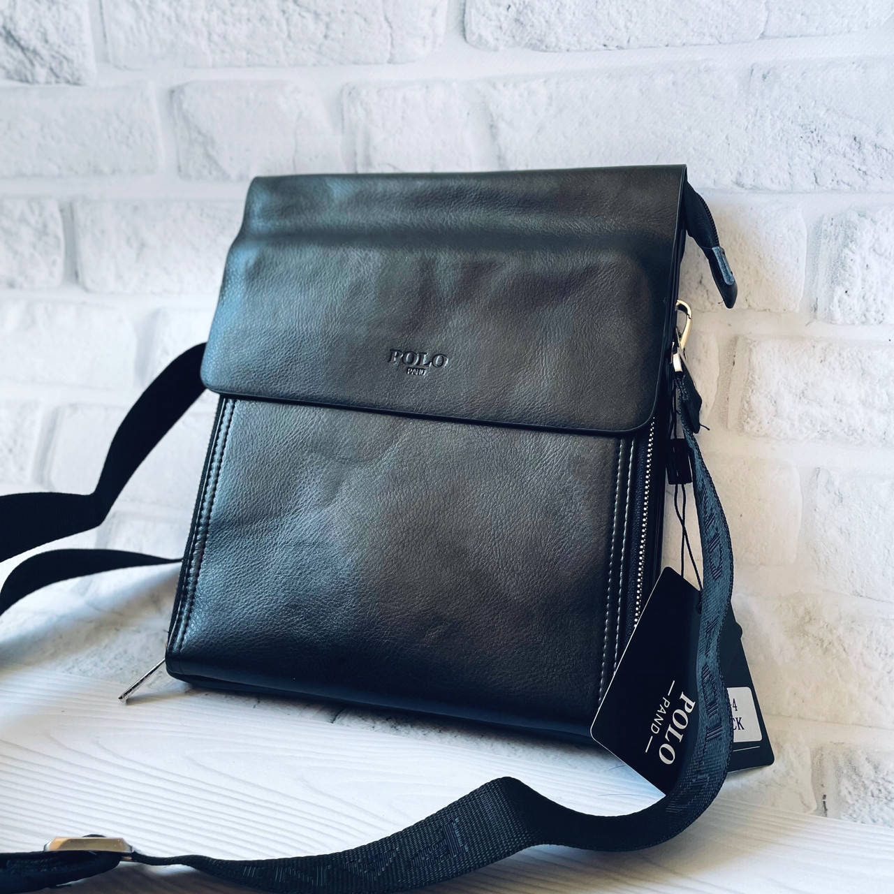 

Сумка - планшетка мужская черная кожаная, барсетка через плечо Polo, Черный