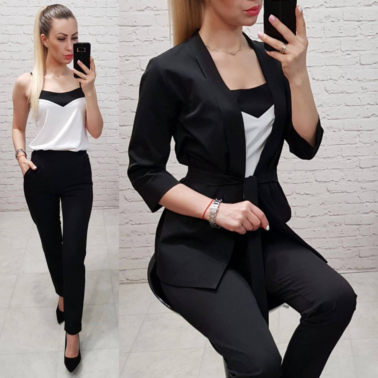 

Костюм женский брючный тройка арт. 165 чёрно-белый 46