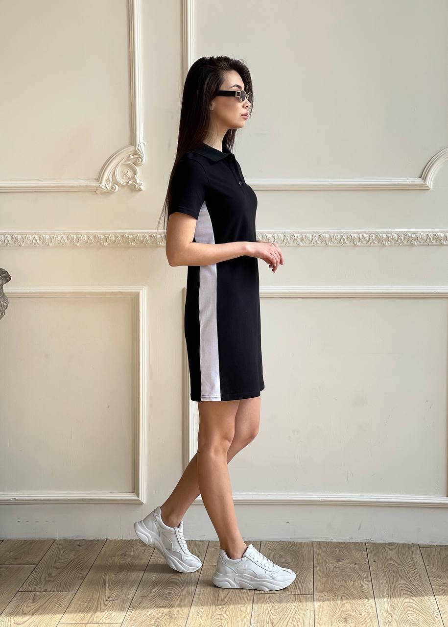 

Прямое платье поло с коротким рукавом с белыми лампасами и рубашечным воротником (р. 42-50) 55py2469 черный, XL