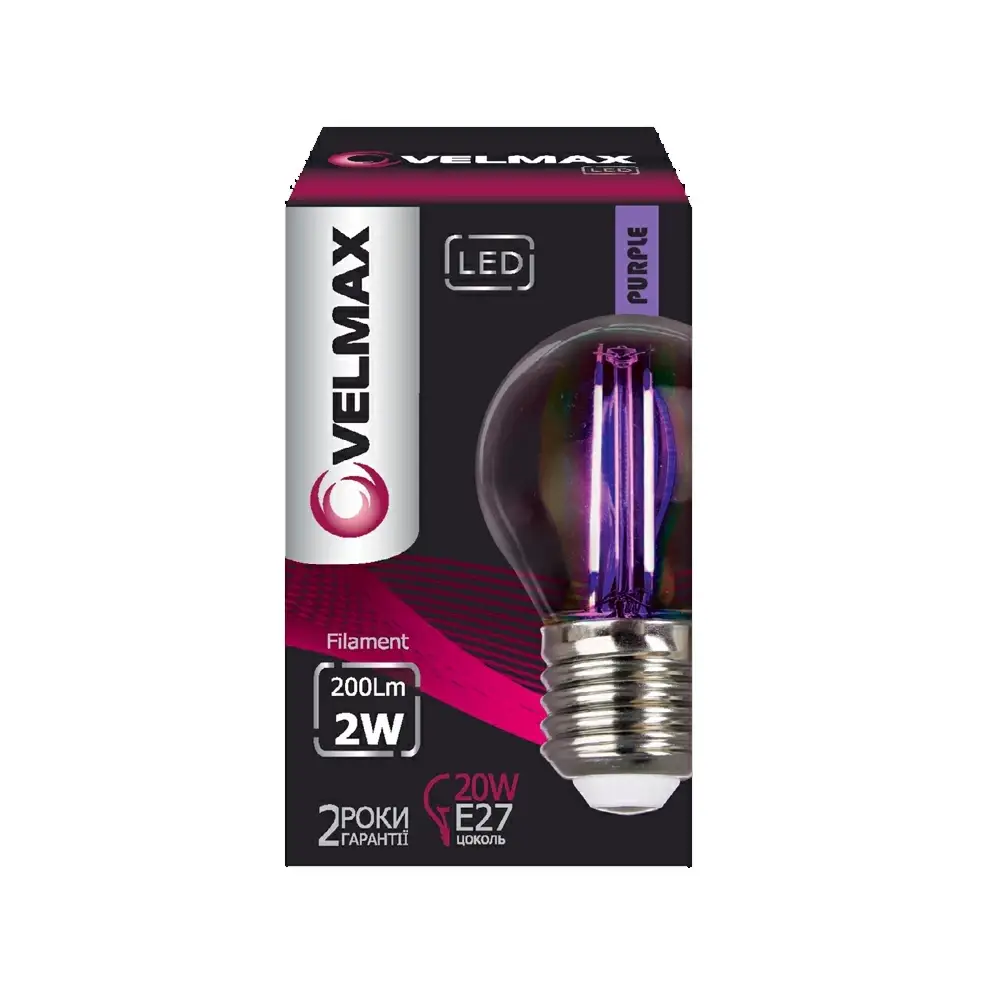 

LED лампа Velmax V-FILAMENT-G45 2W E27 фиолетовая 21-41-36